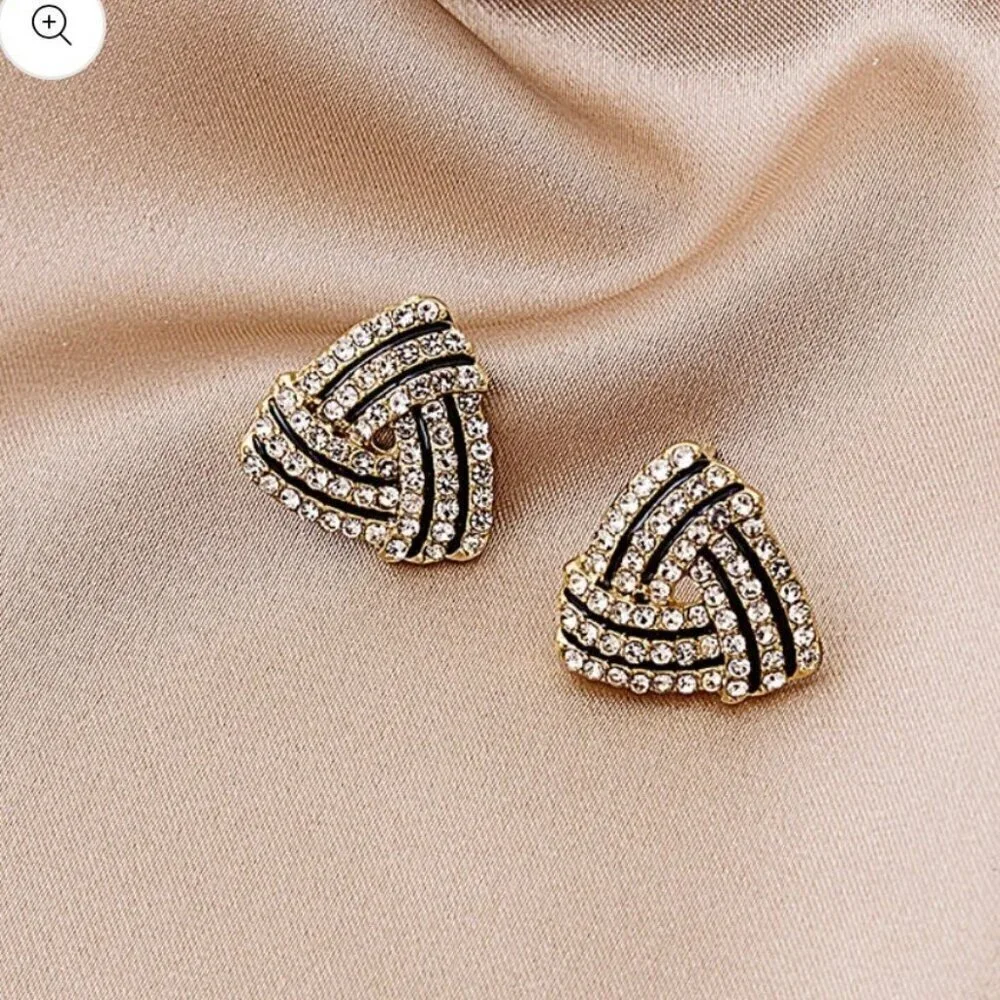 NWT 14K Gold Plated Interlocking Triangle CZ Pave Stud Earrings - Picture 6 of 12